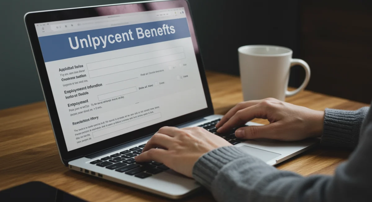 Hands typing on laptop, completing an online unemployment benefits application form.