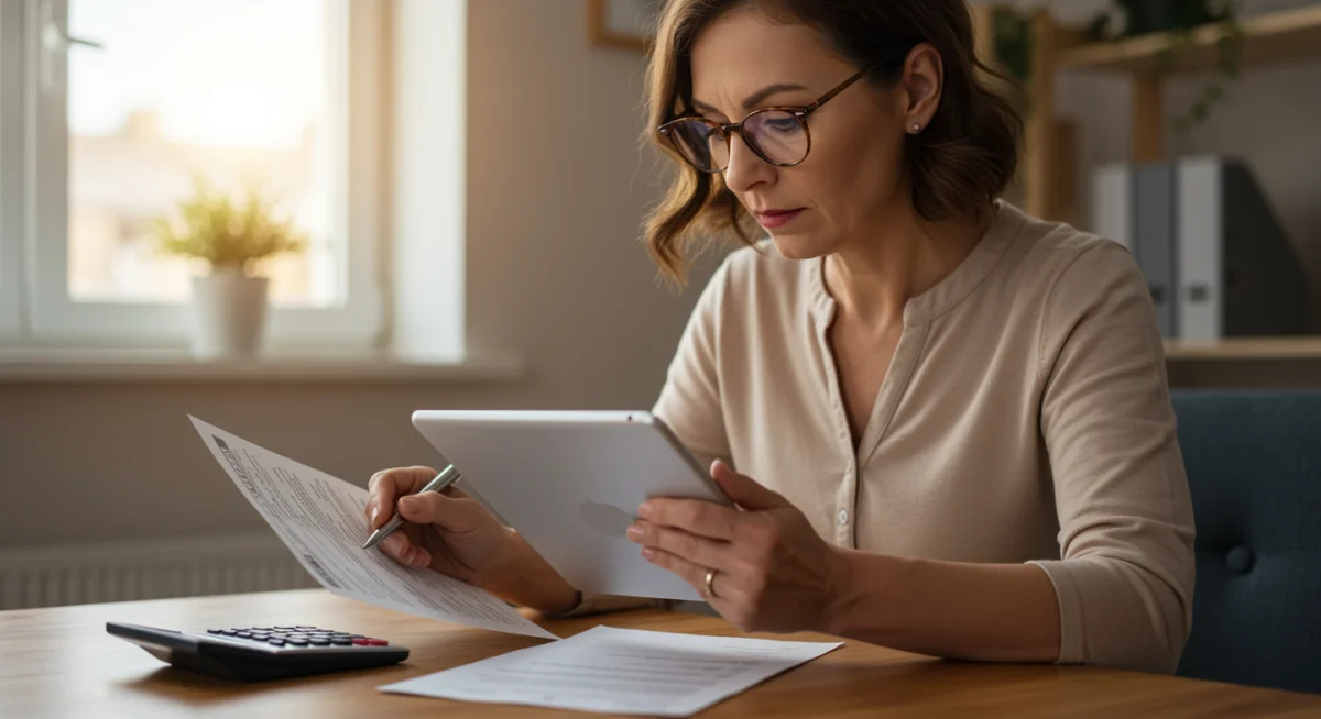 Parent reviewing financial documents and calculating potential savings from child care assistance programs.