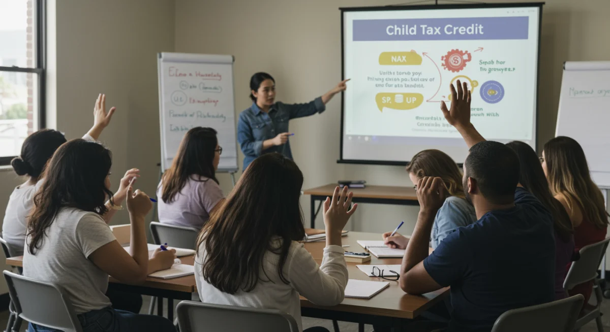 Parents learning about Child Tax Credit benefits at a community workshop.