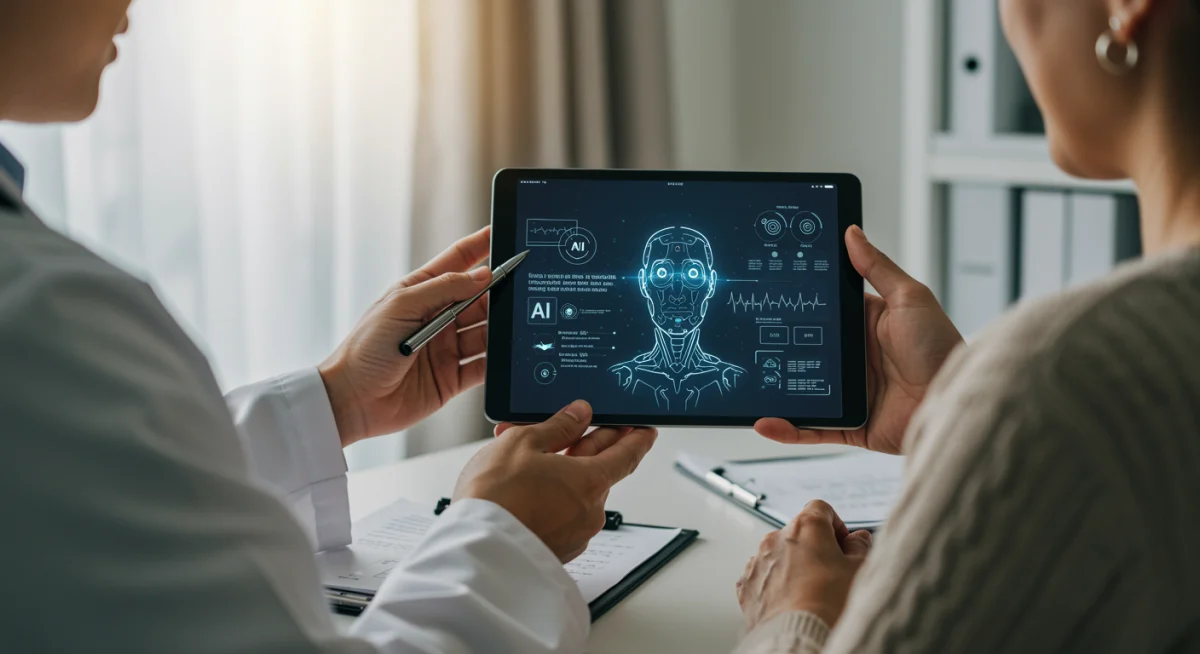 Doctor explains AI diagnosis to patient with a transparent, clear interface.