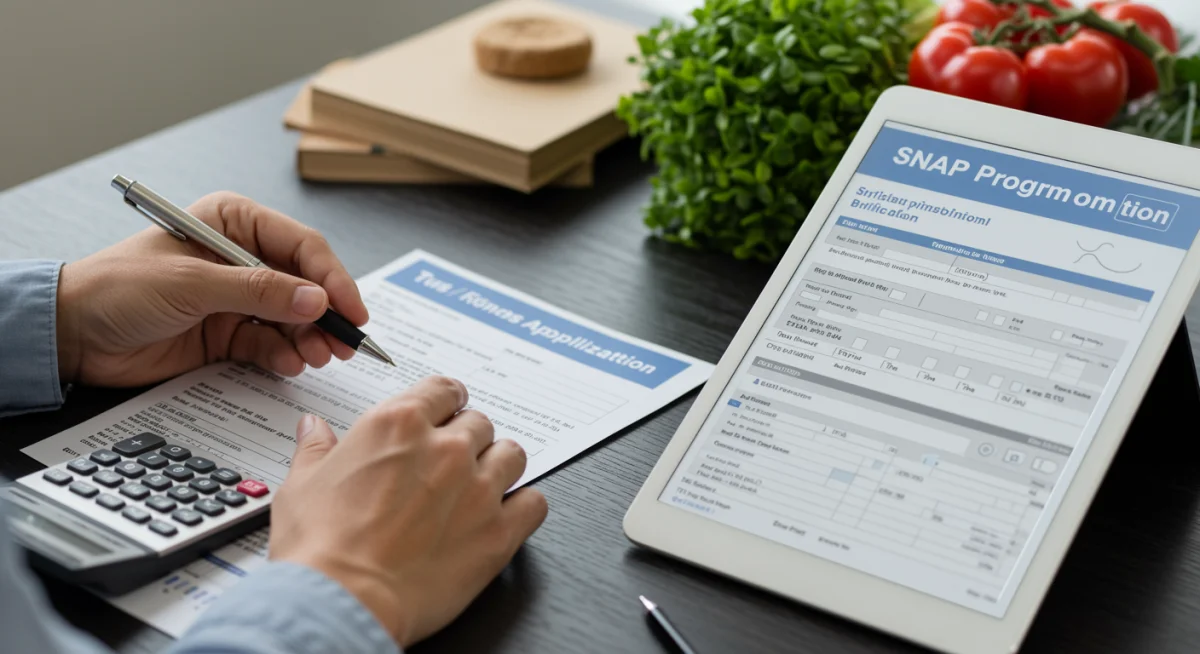 Person reviewing SNAP application documents on tablet, optimizing benefits