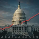 Graph showing the rising US national debt towards 2026, with the Capitol building in the background