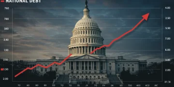 Graph showing the rising US national debt towards 2026, with the Capitol building in the background