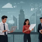 Small business owners collaborating in a vibrant, recovering urban economy.