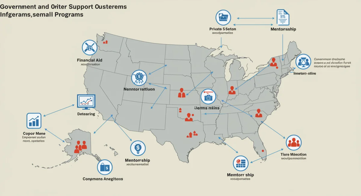 Diagram illustrating government and private support programs for small businesses.