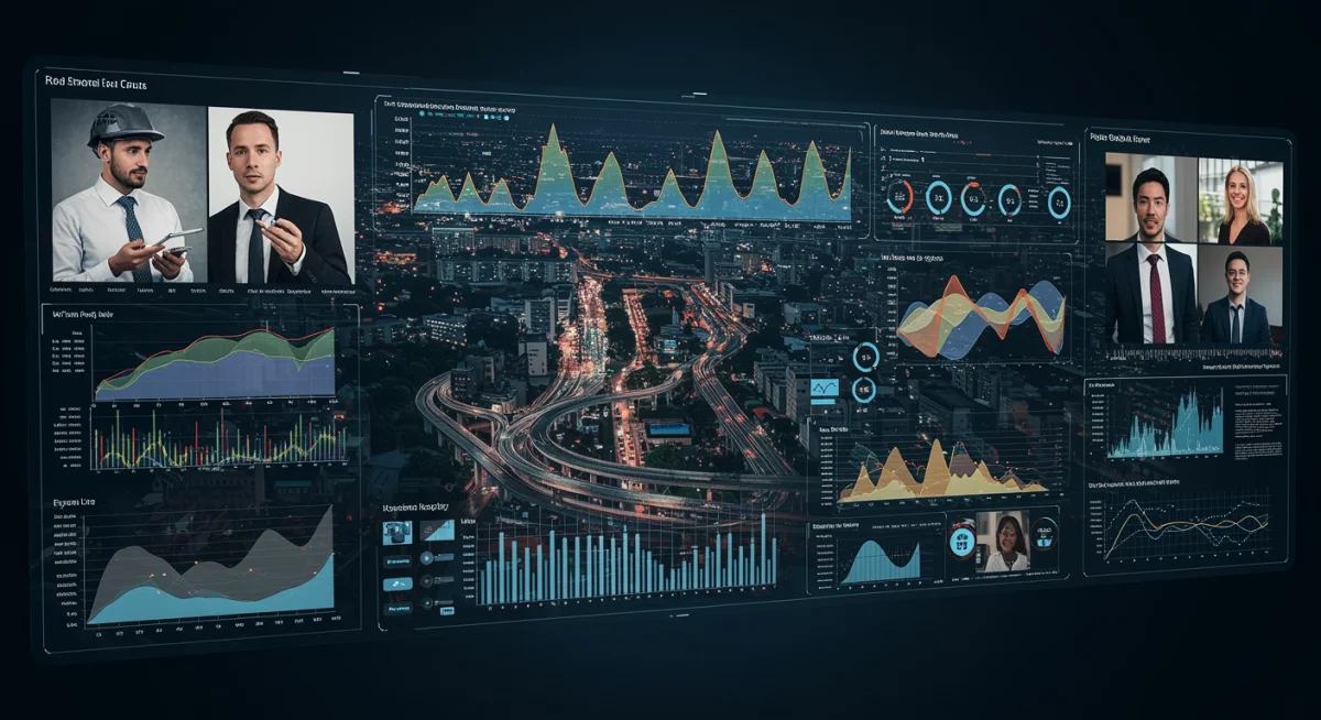 Futuristic dashboard showing real-time smart city digital twin data with remote urban planners collaborating.