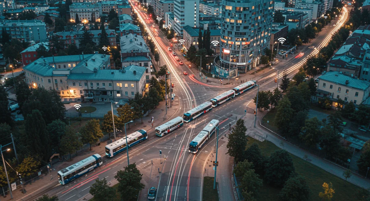 Aerial view of a smart city showcasing connected urban infrastructure and services.