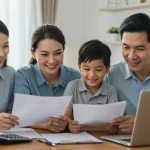 Smiling family reviewing tax documents with a laptop, symbolizing EITC benefits.