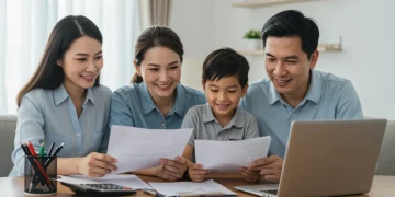 Smiling family reviewing tax documents with a laptop, symbolizing EITC benefits.