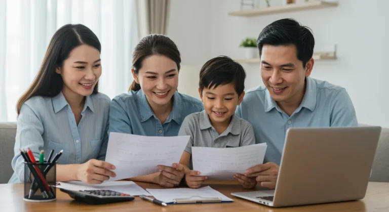 Smiling family reviewing tax documents with a laptop, symbolizing EITC benefits.