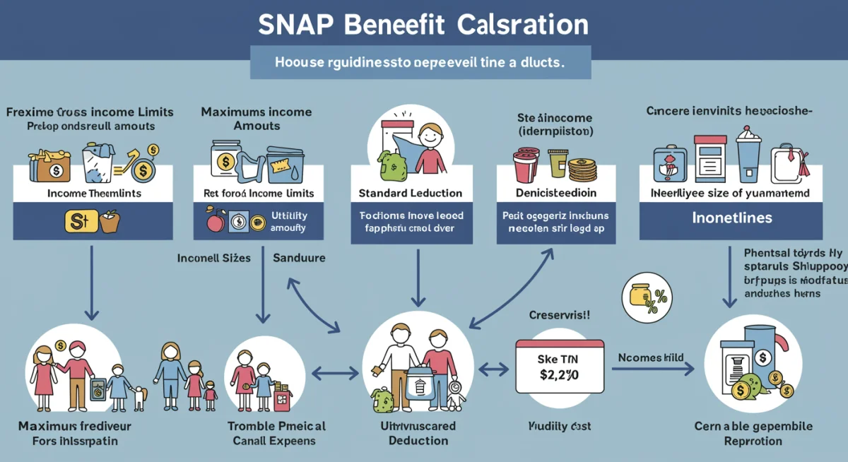 Infographic detailing SNAP benefit calculation components and potential adjustments under new 2026 guidelines.