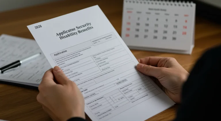 Hands holding Social Security Disability application form for 2026 benefits