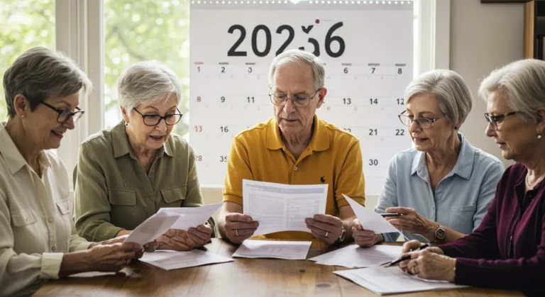 People discussing SSI changes for 2026, reviewing financial papers