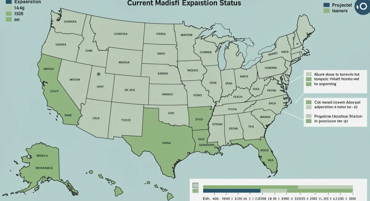 US map infographic showing state-by-state Medicaid expansion status and projected changes for 2026.