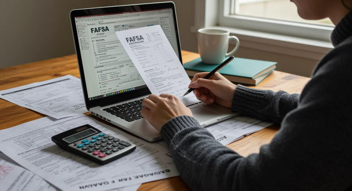 Student applying for financial aid with FAFSA form on laptop