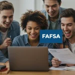 Students reviewing FAFSA documents on a laptop, discussing financial aid