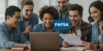 Students reviewing FAFSA documents on a laptop, discussing financial aid