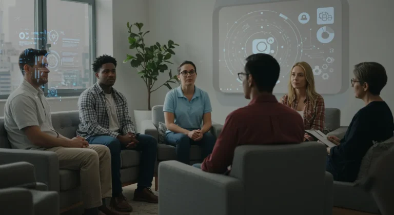 Support group session for mental health and substance abuse crisis intervention