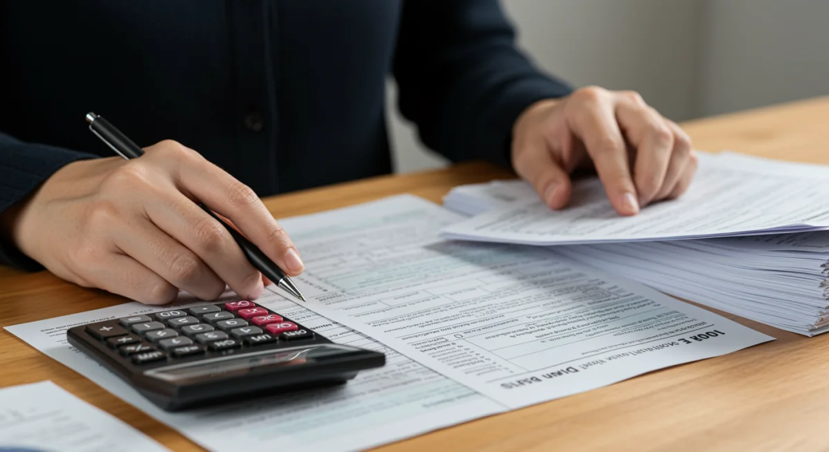 Hands filling out tax forms with calculator and documents