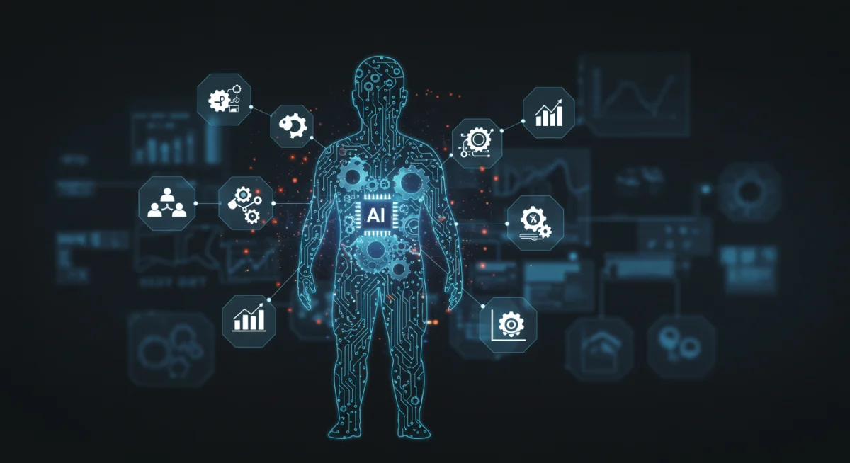 Digital human silhouette with tech icons, representing automation's impact on jobs