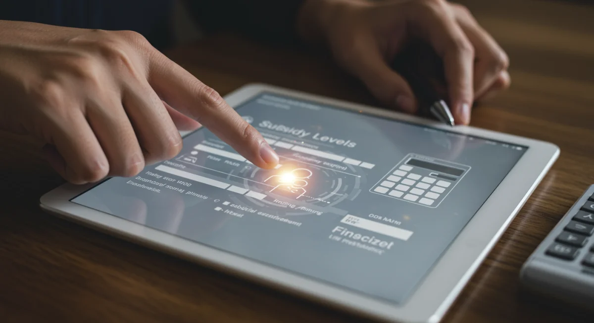 Hand highlighting subsidy levels on a digital health insurance form, symbolizing financial aid.