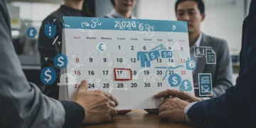 Illustration of 2026 calendar with unemployment benefit symbols and policy documents.