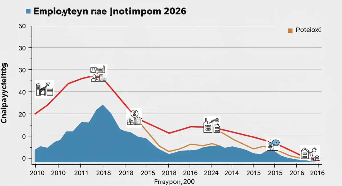 Graph illustrating US unemployment rate trends with 2026 projections and sector icons