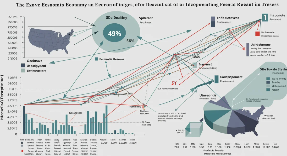 Infographic of U.S. economic indicators: GDP, unemployment, inflation, and their relation to Federal Reserve policy.