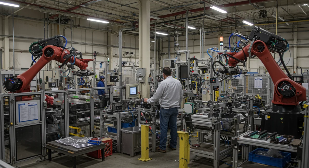 U.S. factory floor with robotics, representing domestic manufacturing and supply chain diversification.