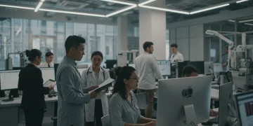 Professionals collaborating in modern office, symbolizing 2026 US labor market evolution