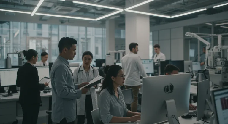 Professionals collaborating in modern office, symbolizing 2026 US labor market evolution