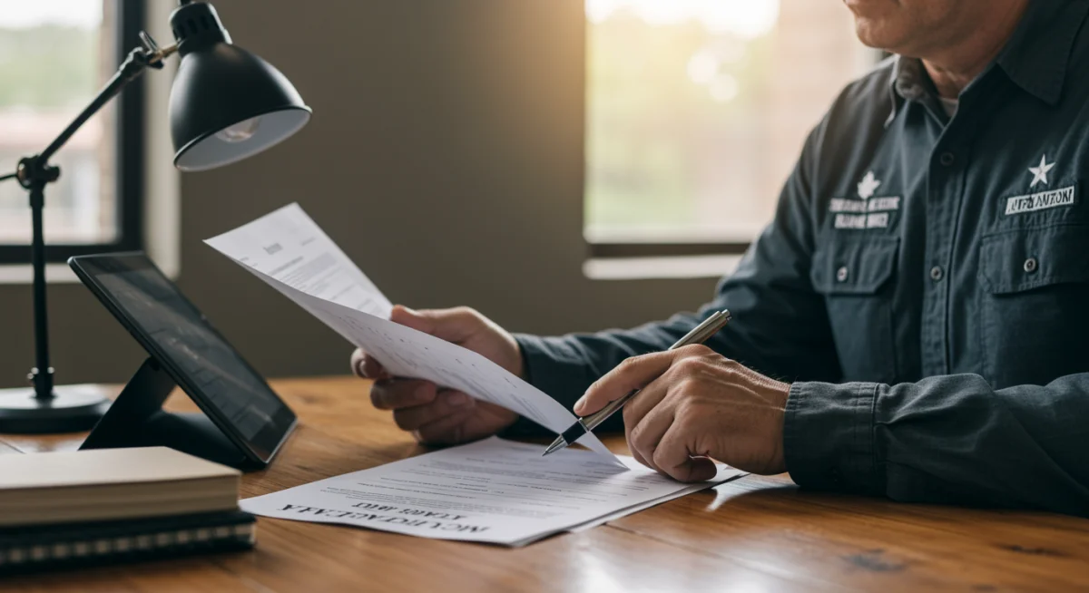 Veteran reviewing VA disability benefits application forms on a tablet and paper.