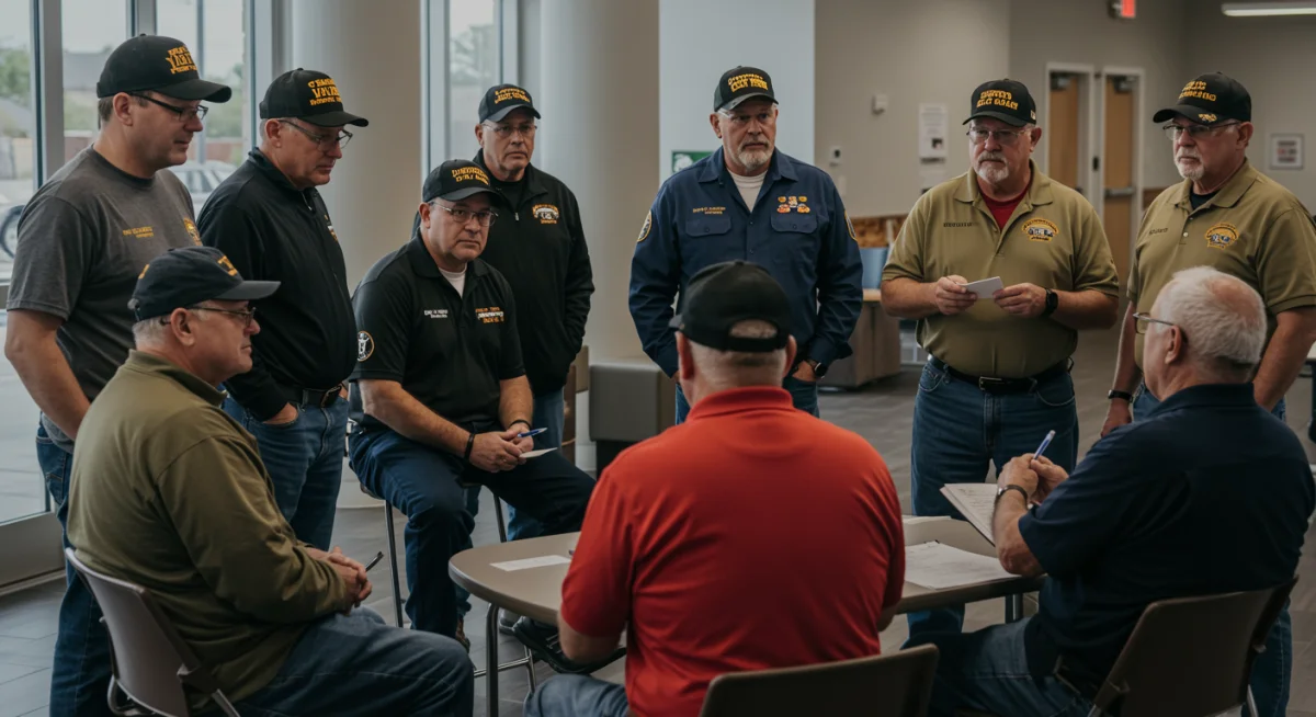 Diverse group of veterans consulting with a benefits counselor in a community setting.