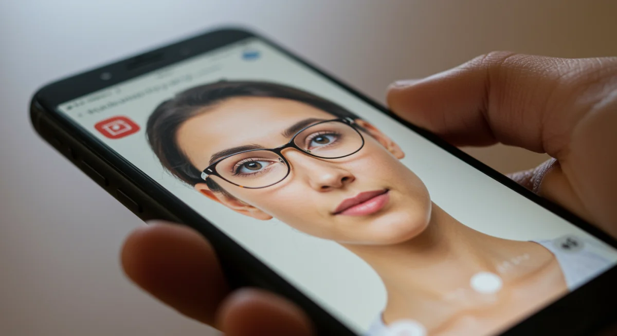 Smartphone displaying a virtual try-on experience for eyeglasses, highlighting augmented reality's practical application.