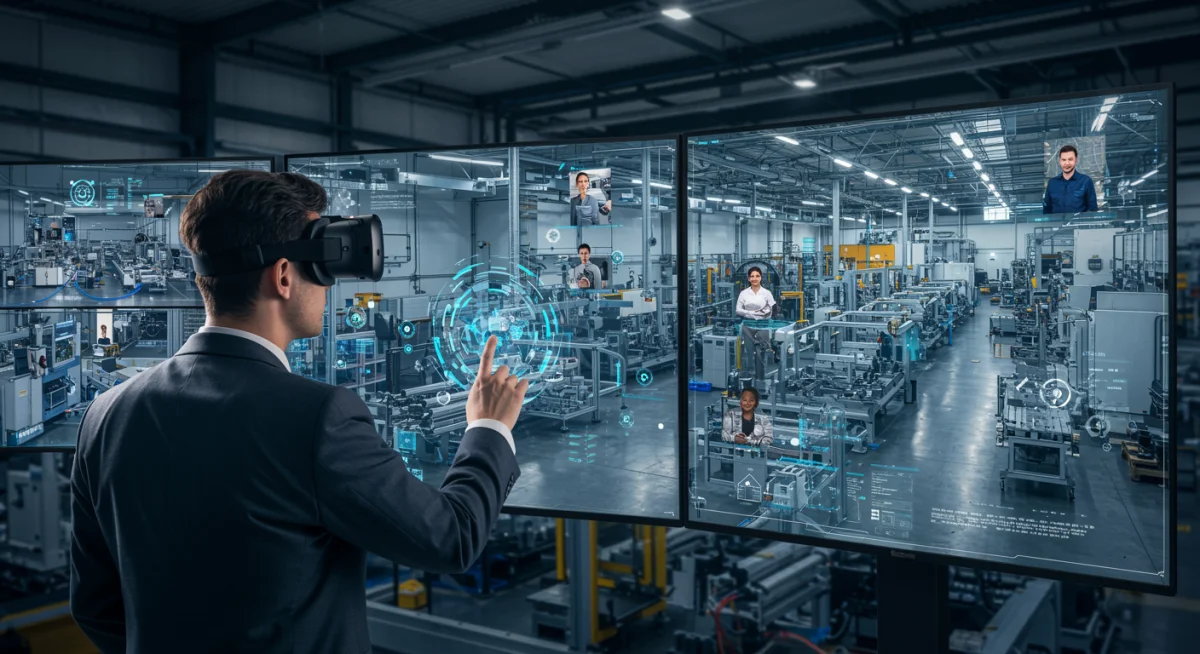 Project manager in VR headset interacting with a digital twin of a factory floor, showing remote team collaboration.