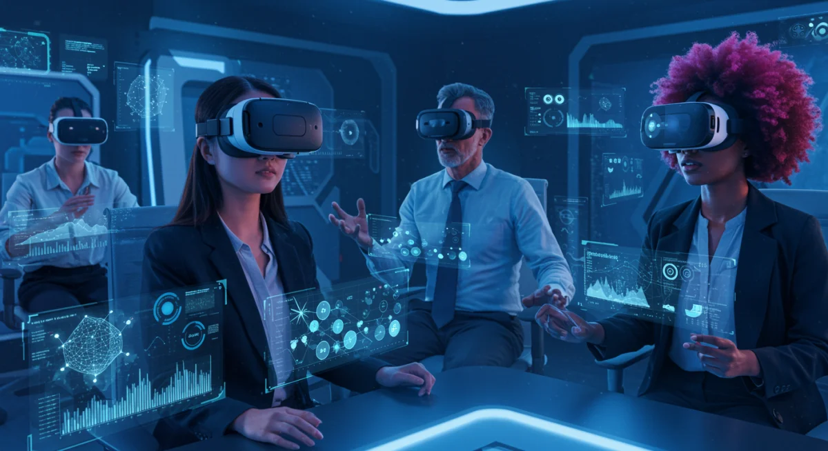 Professionals collaborating in a virtual reality meeting