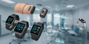 Futuristic wearable health devices monitoring vital signs in a US healthcare setting.