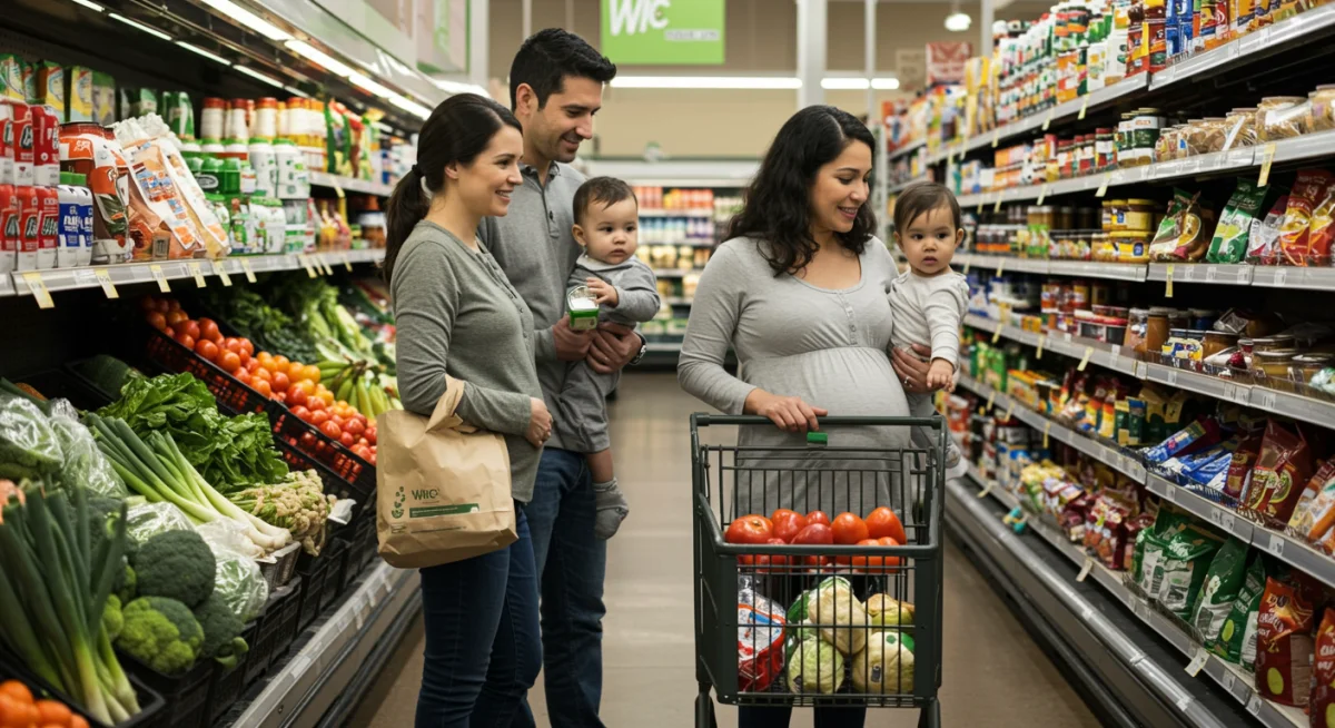 Family shopping for healthy groceries using WIC benefits