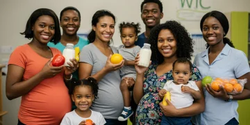 Smiling mothers and children with healthy food at WIC clinic