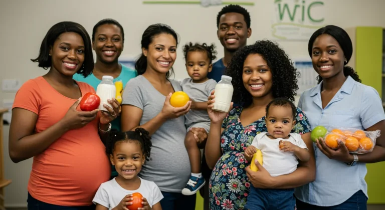 Smiling mothers and children with healthy food at WIC clinic